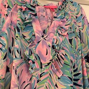 Lilly Pulitzer Pink and Blue Leaf Print Blouse